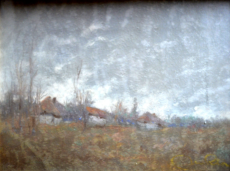 Ziegeldachhütten bei tristem Wetter