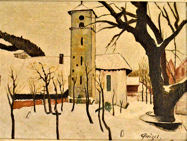 Verschneite Kirche und Friedhof